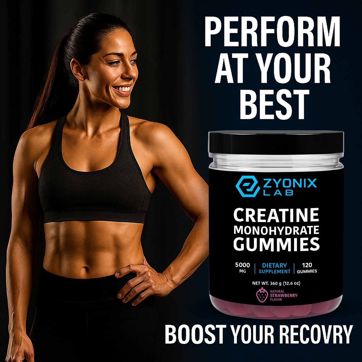 Creatine Monohydrate Gummies 5000 mg for Men & Women Strawberry Flavor