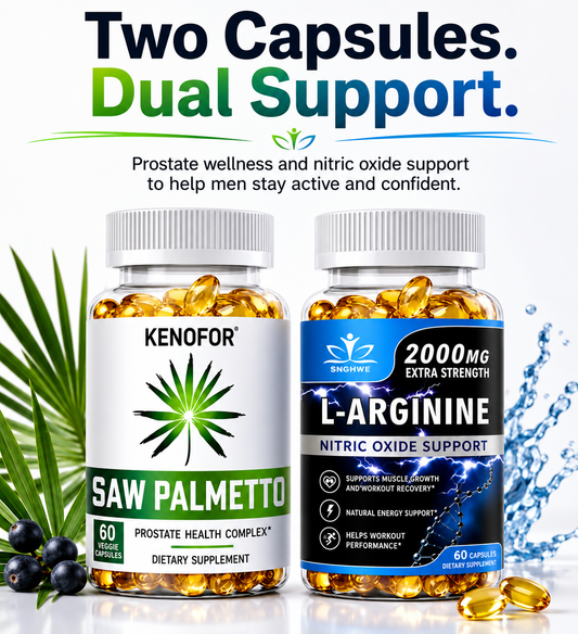 Saw Palmetto + L‑Arginine Men’s Vitality Bundle – Prostate Health, Nitric Oxide & Energy Support, 2×60 Capsules