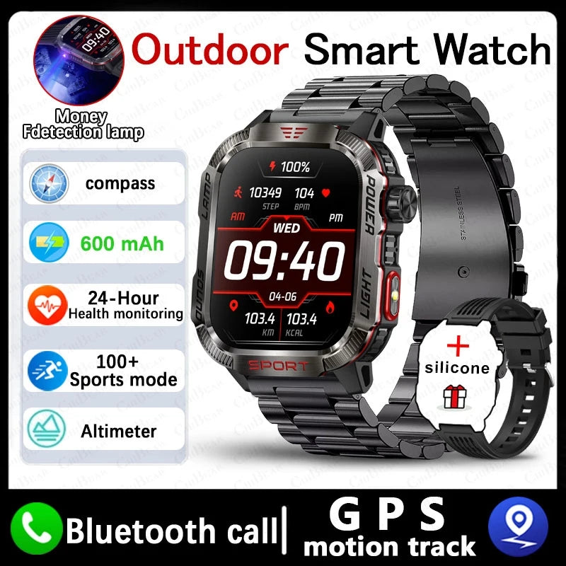 Military-style GPS smartwatch with flashlight, compass, and Bluetooth call – waterproof and outdoor-ready