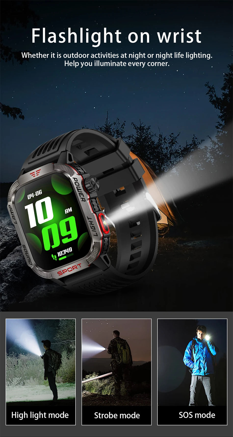 Military-style GPS smartwatch with flashlight, compass, and Bluetooth call – waterproof and outdoor-ready