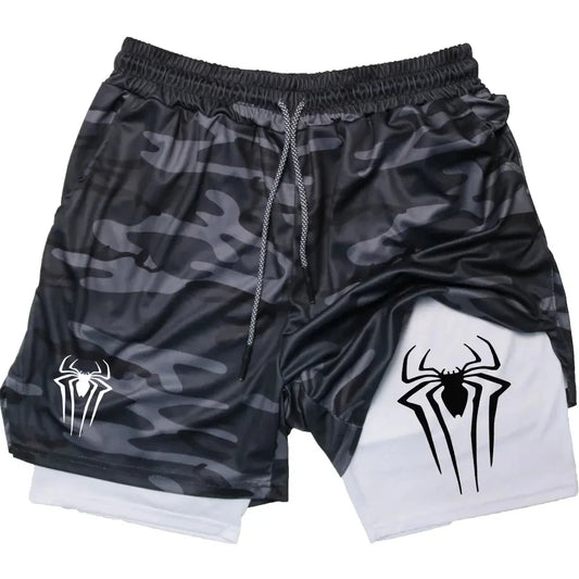 Men’s Spider Print 2-in-1 Compression Gym Shorts