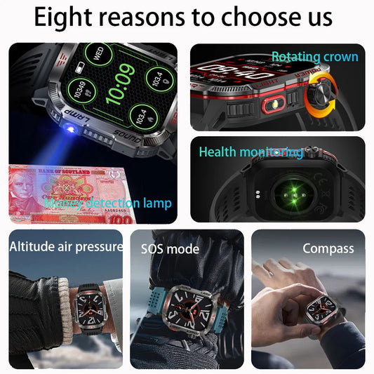 Military-style GPS smartwatch with flashlight, compass, and Bluetooth call – waterproof and outdoor-ready