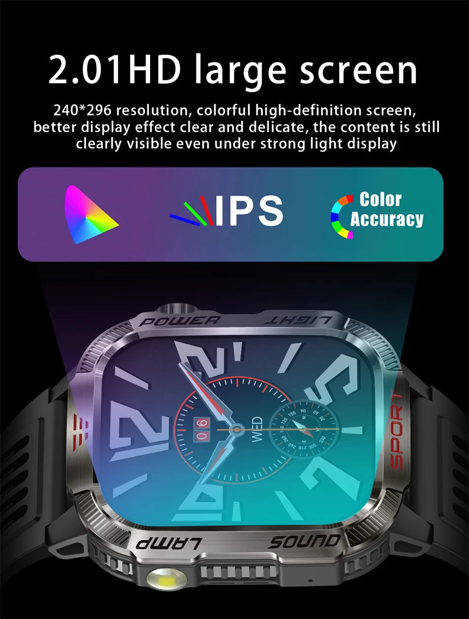 Military-style GPS smartwatch with flashlight, compass, and Bluetooth call – waterproof and outdoor-ready