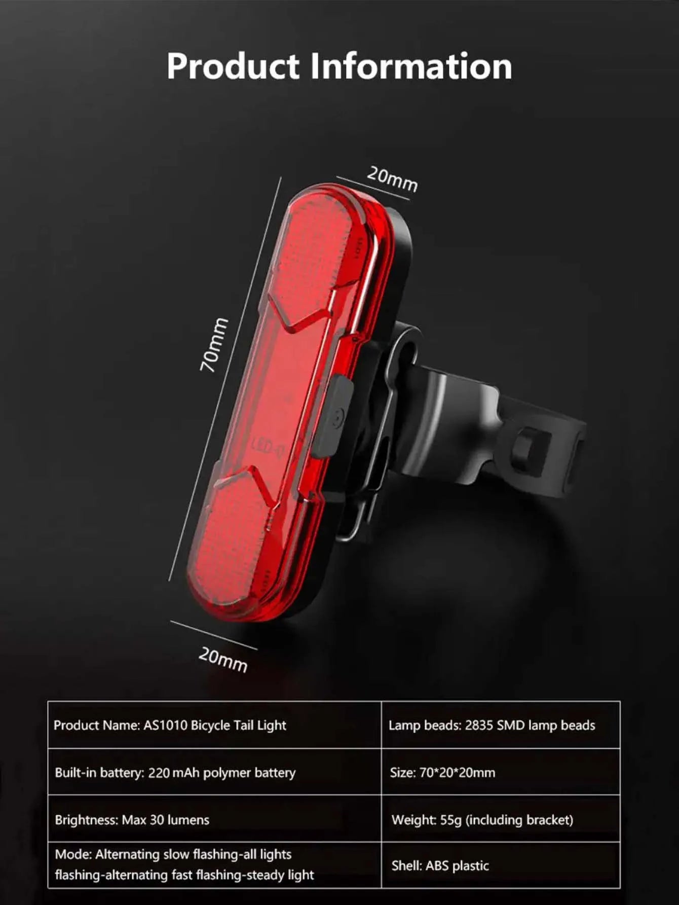 USB rechargeable waterproof LED bike tail light for safety and visibility