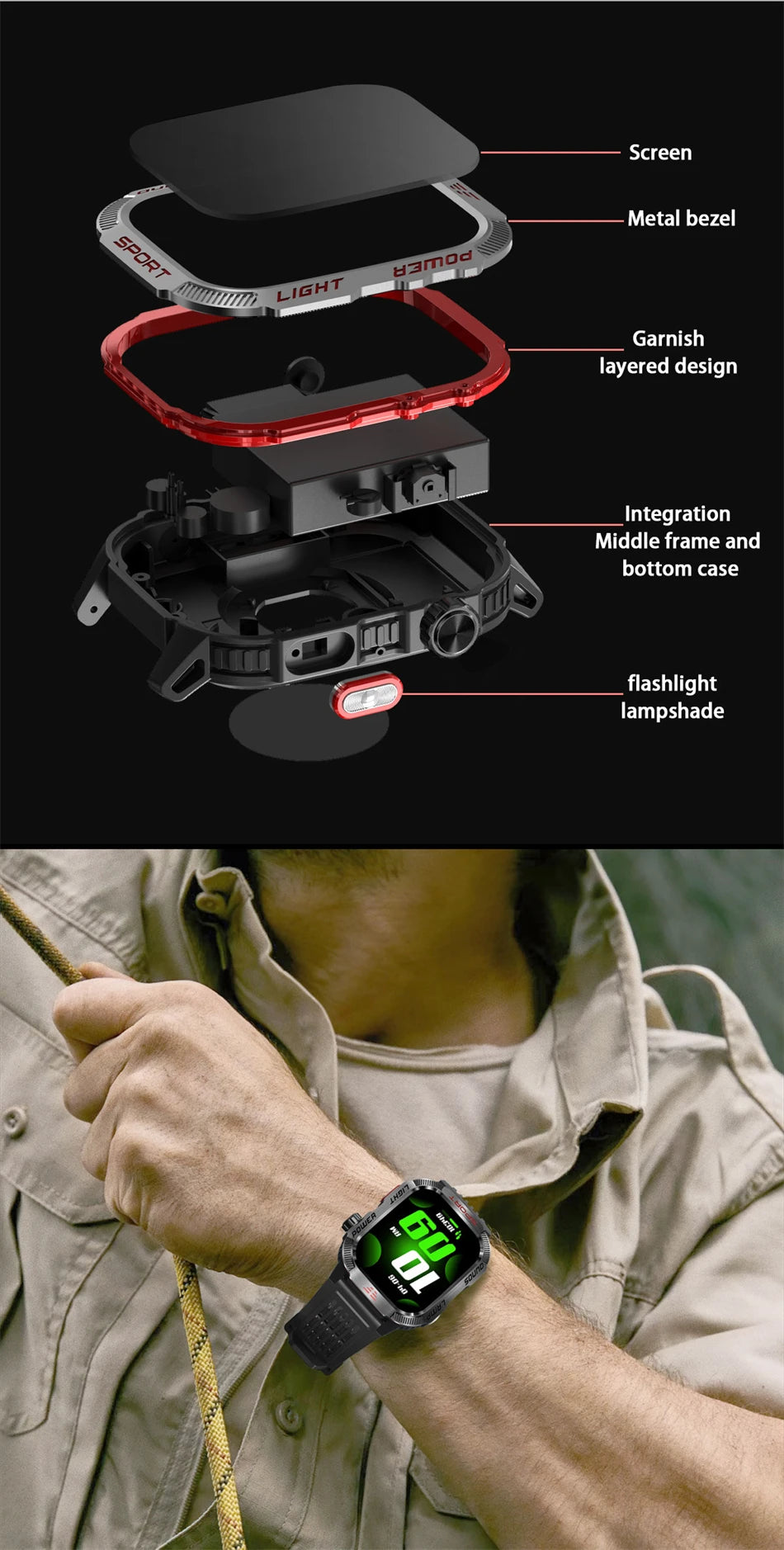 Military-style GPS smartwatch with flashlight, compass, and Bluetooth call – waterproof and outdoor-ready