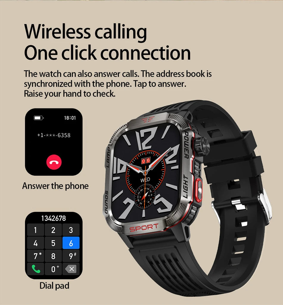 Military-style GPS smartwatch with flashlight, compass, and Bluetooth call – waterproof and outdoor-ready