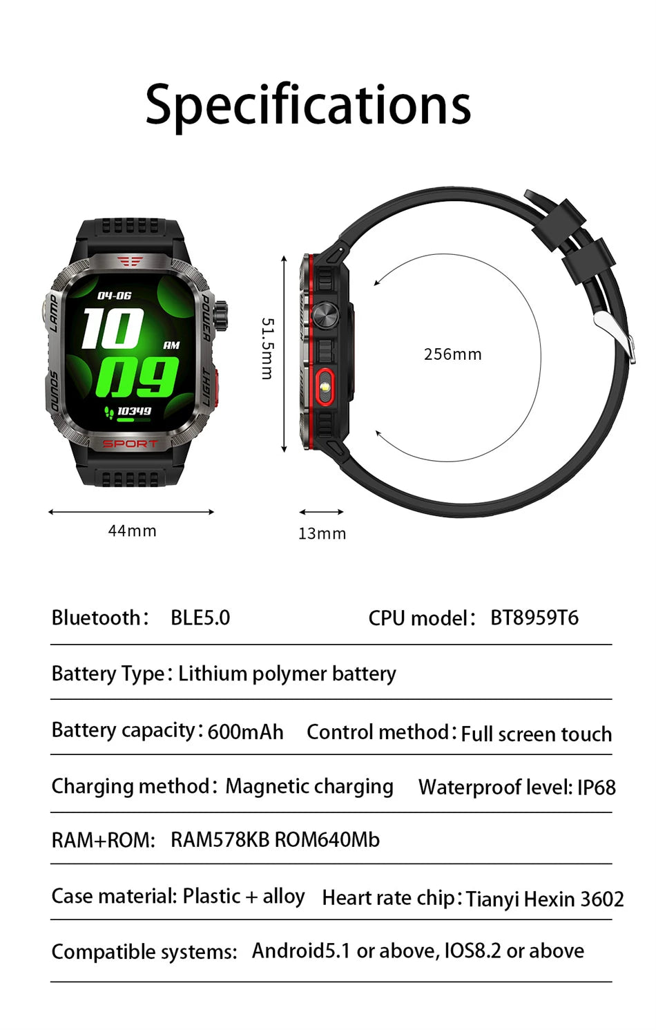 Military-style GPS smartwatch with flashlight, compass, and Bluetooth call – waterproof and outdoor-ready