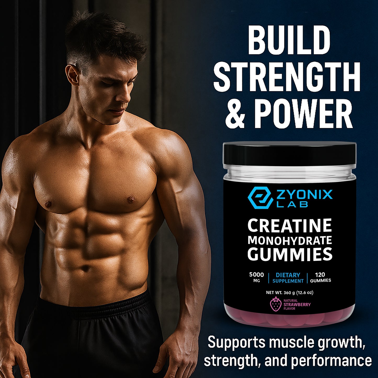 Creatine Monohydrate Gummies 5000 mg for Men & Women Strawberry Flavor