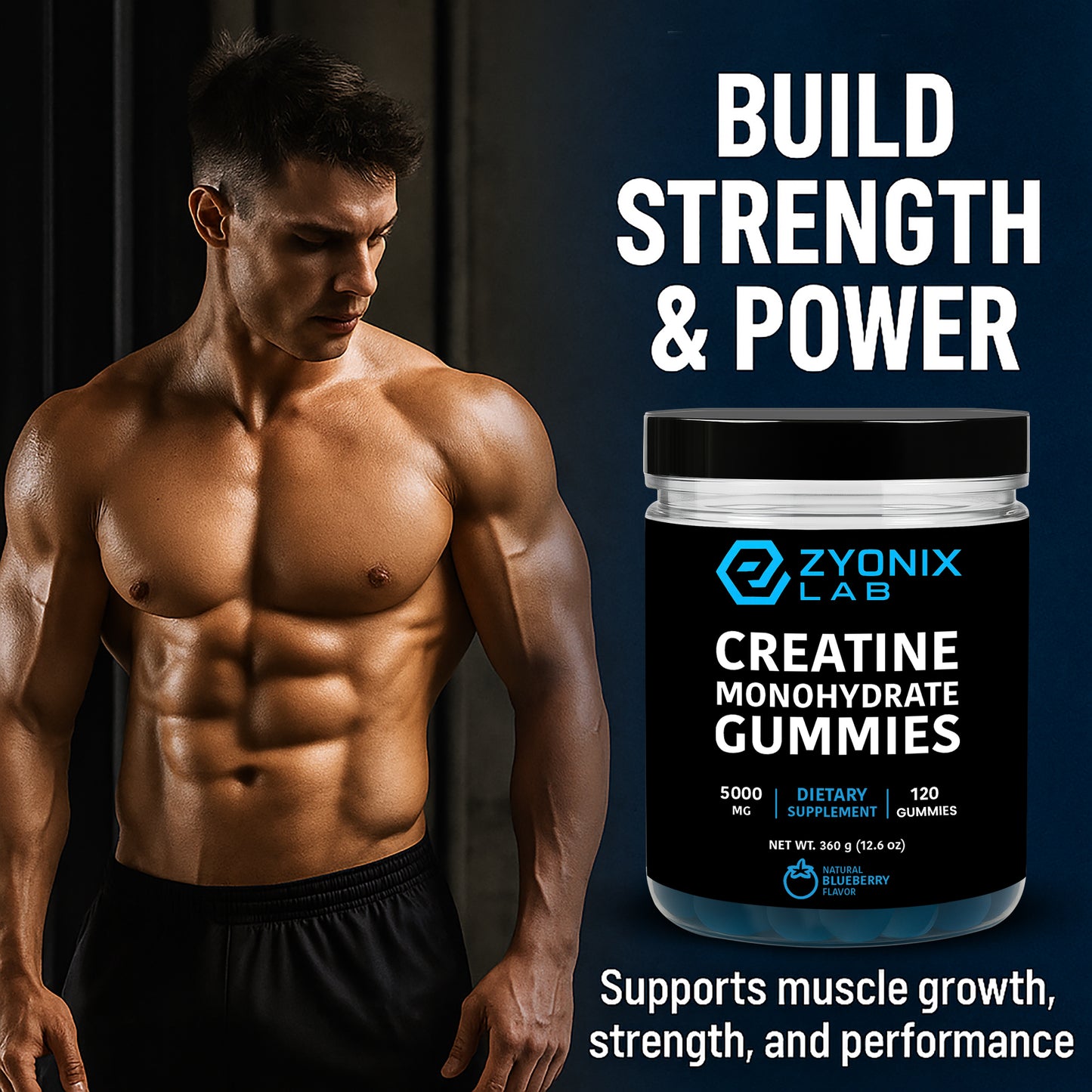 Creatine Monohydrate Gummies 5000 mg for Men & Women Blueberry Flavor