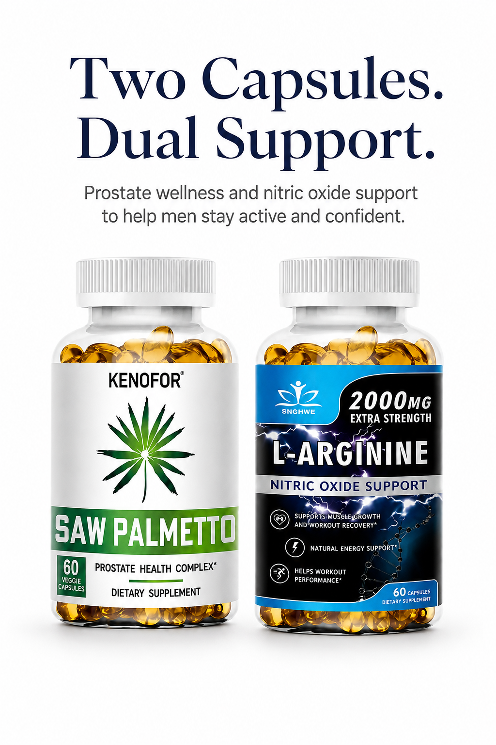 Saw Palmetto + L‑Arginine Men’s Vitality Bundle – Prostate Health, Nitric Oxide & Energy Support, 2×60 Capsules