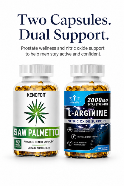 Saw Palmetto + L‑Arginine Men’s Vitality Bundle – Prostate Health, Nitric Oxide & Energy Support, 2×60 Capsules