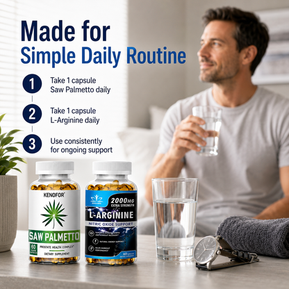 Saw Palmetto + L‑Arginine Men’s Vitality Bundle – Prostate Health, Nitric Oxide & Energy Support, 2×60 Capsules