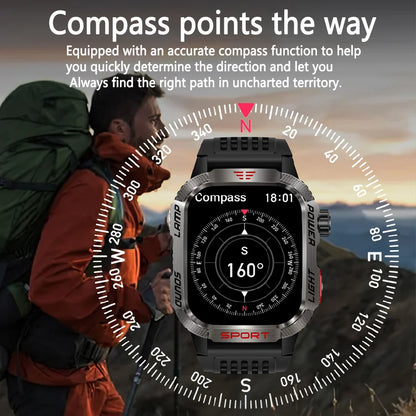 Military-style GPS smartwatch with flashlight, compass, and Bluetooth call – waterproof and outdoor-ready