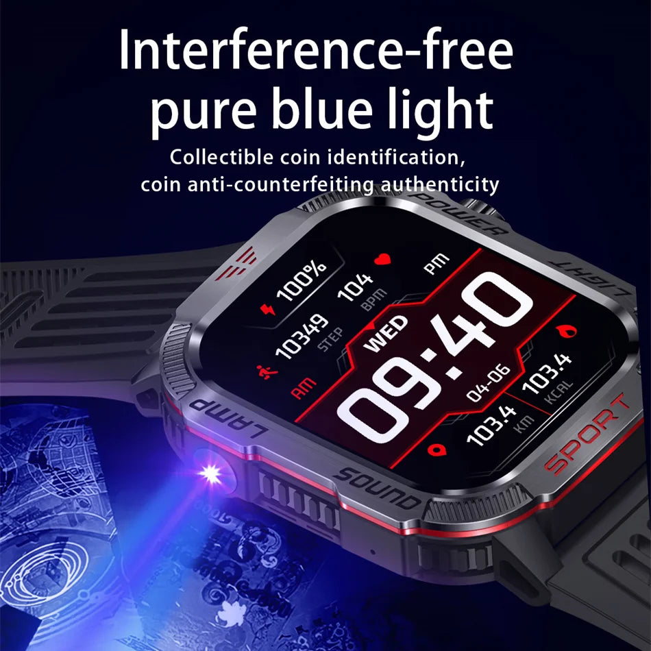 Military-style GPS smartwatch with flashlight, compass, and Bluetooth call – waterproof and outdoor-ready