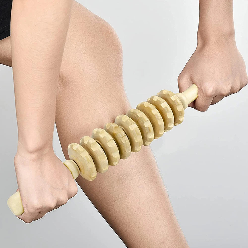 Wooden massage roller for trigger point and cellulite relief