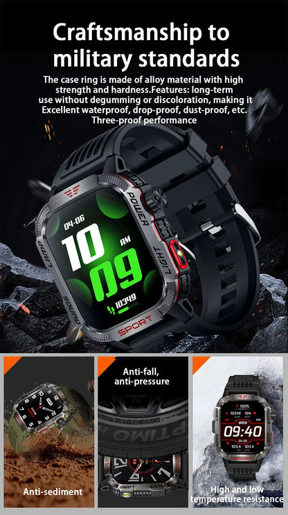 Military-style GPS smartwatch with flashlight, compass, and Bluetooth call – waterproof and outdoor-ready