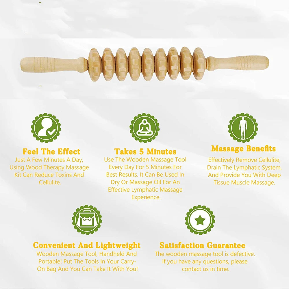 Wooden massage roller for trigger point and cellulite relief