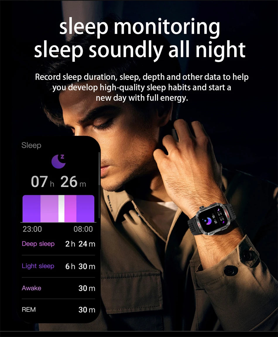 Military-style GPS smartwatch with flashlight, compass, and Bluetooth call – waterproof and outdoor-ready