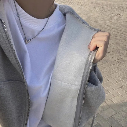 Korean Hoodies Autumn and Winter 2024 New Ins Plus Velvet 100 Fashion Short Slim Zipper Warm Solid Color Hoodie Woman