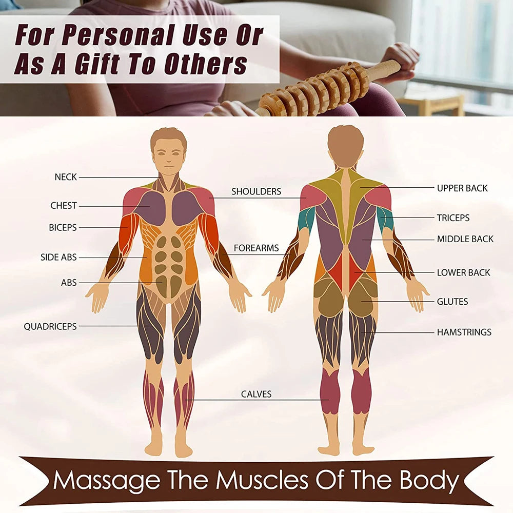 Wooden massage roller for trigger point and cellulite relief