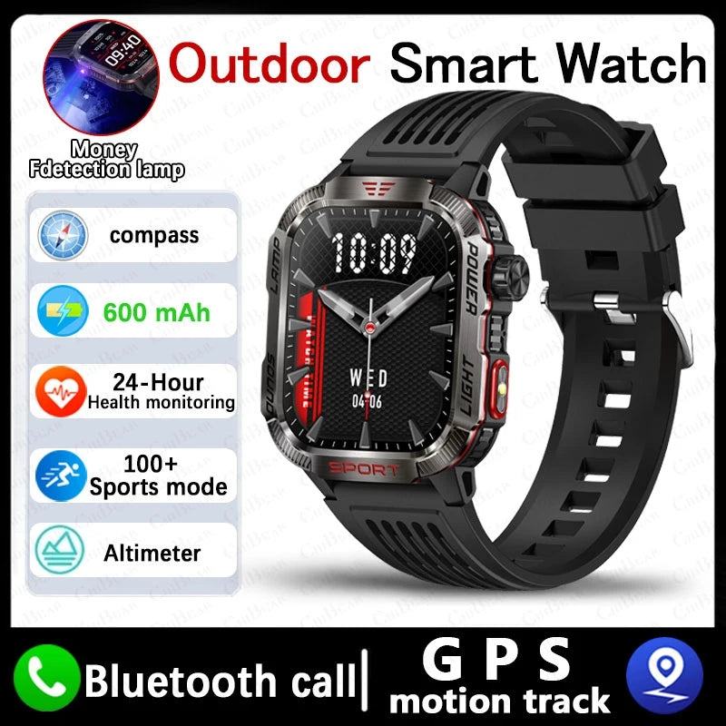 Military-style GPS smartwatch with flashlight, compass, and Bluetooth call – waterproof and outdoor-ready