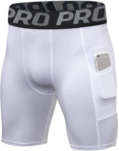 Mens Gym Shorts with Pockets Workout Compression Leggings for Men Polyester Boxer Briefs Running Basketball Athletic Tights