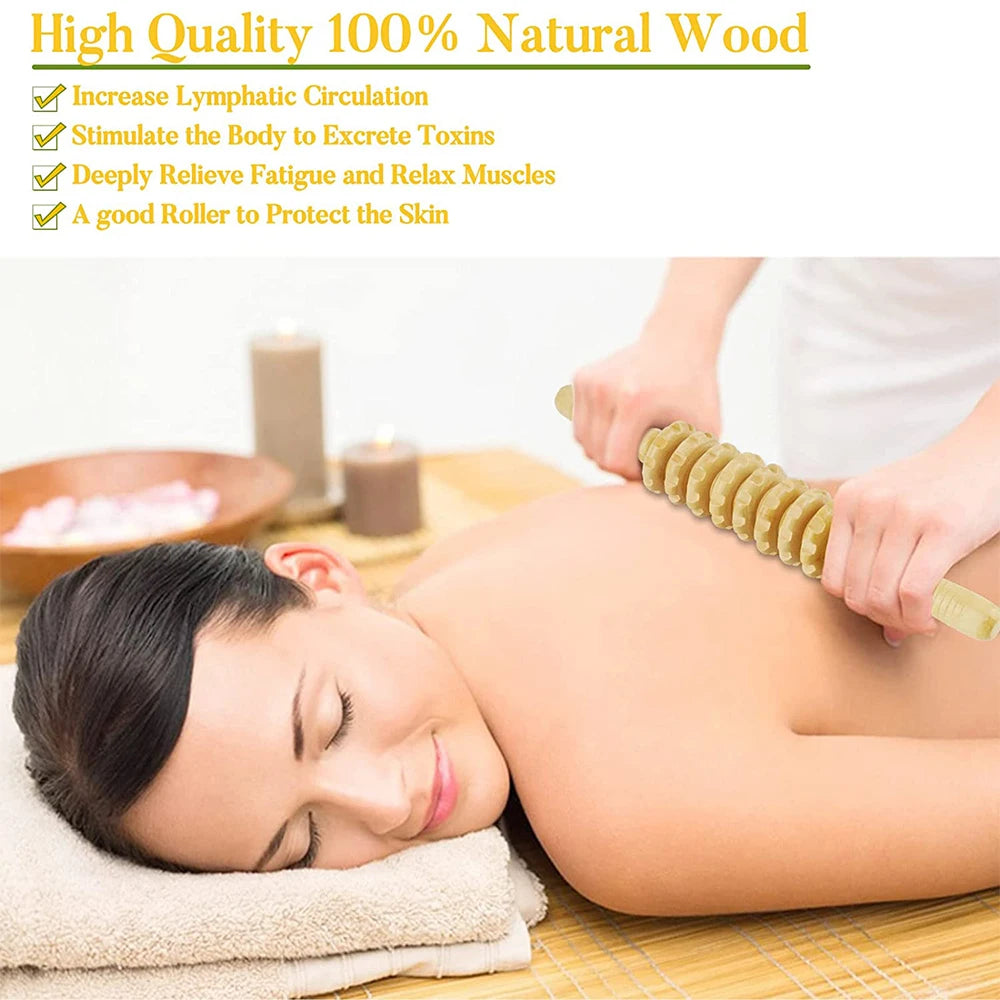 Wooden massage roller for trigger point and cellulite relief