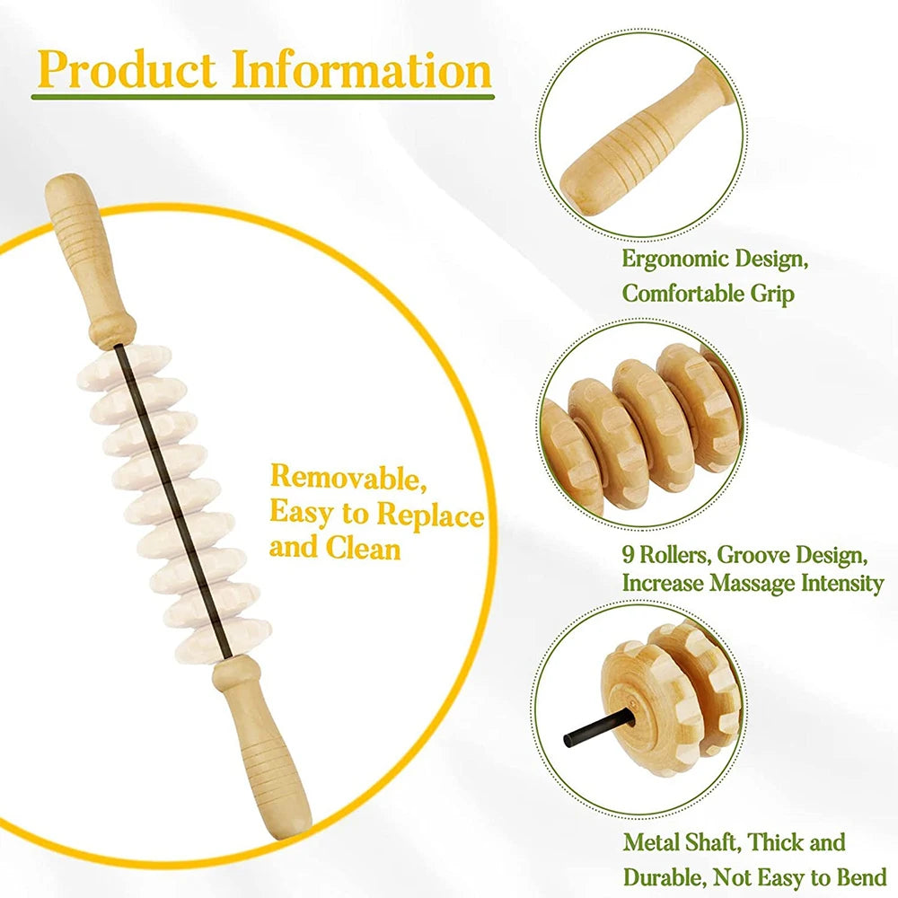Wooden massage roller for trigger point and cellulite relief