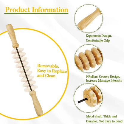 Wooden massage roller for trigger point and cellulite relief