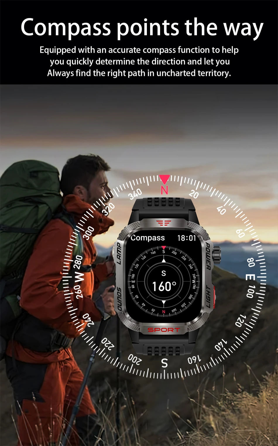 Military-style GPS smartwatch with flashlight, compass, and Bluetooth call – waterproof and outdoor-ready