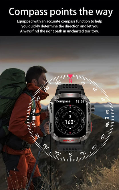 Military-style GPS smartwatch with flashlight, compass, and Bluetooth call – waterproof and outdoor-ready