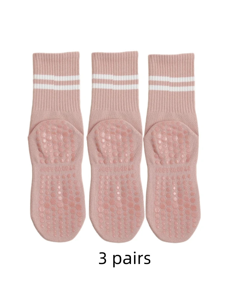 3 pairs of yoga socks, medium length socks, pure cotton anti slip silicone indoor fitness pilates, women's sports socks wholesal