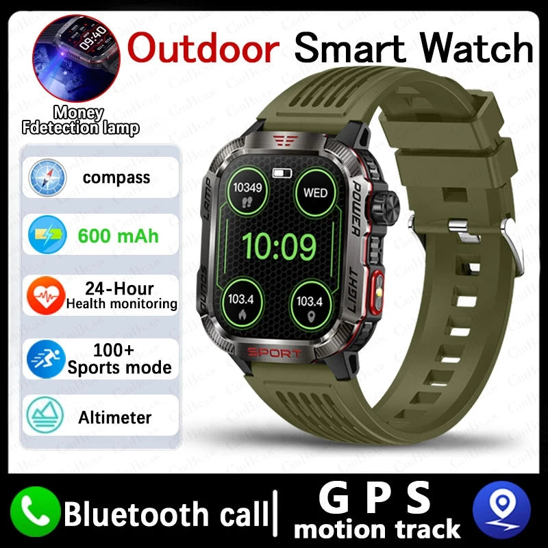 Military-style GPS smartwatch with flashlight, compass, and Bluetooth call – waterproof and outdoor-ready