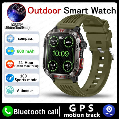 Military-style GPS smartwatch with flashlight, compass, and Bluetooth call – waterproof and outdoor-ready