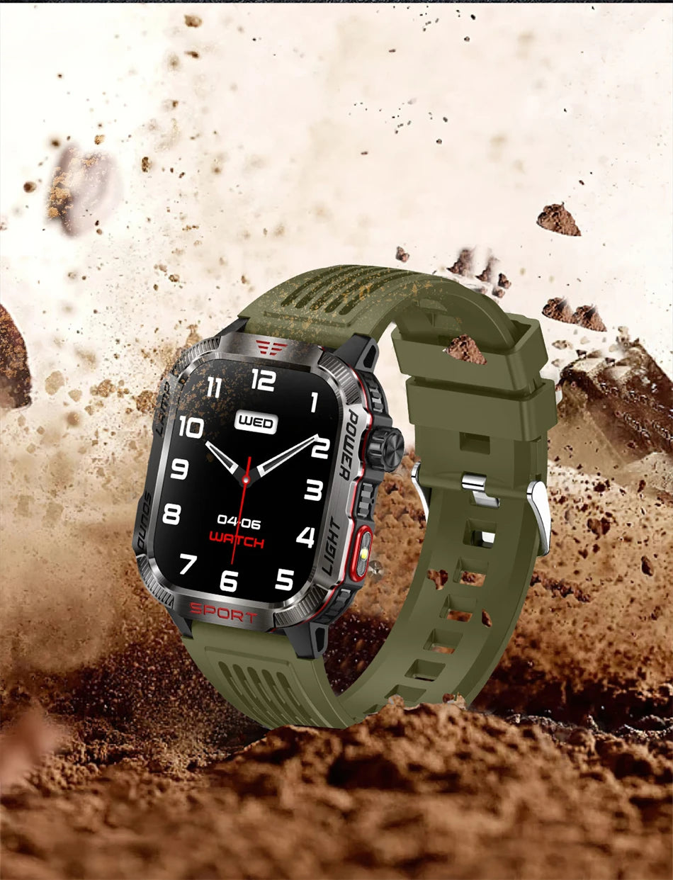 Military-style GPS smartwatch with flashlight, compass, and Bluetooth call – waterproof and outdoor-ready