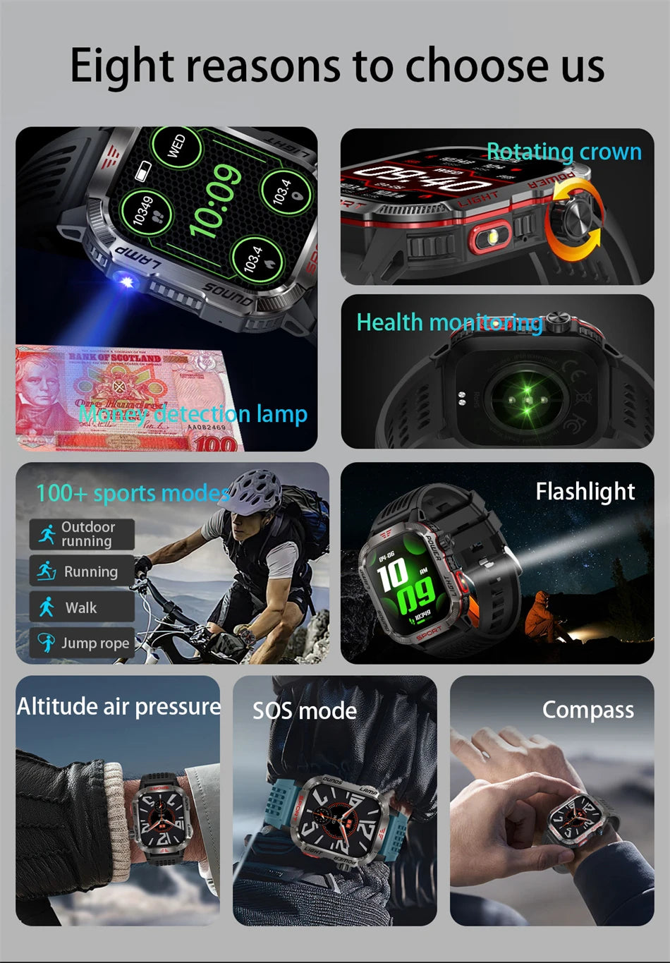 Military-style GPS smartwatch with flashlight, compass, and Bluetooth call – waterproof and outdoor-ready