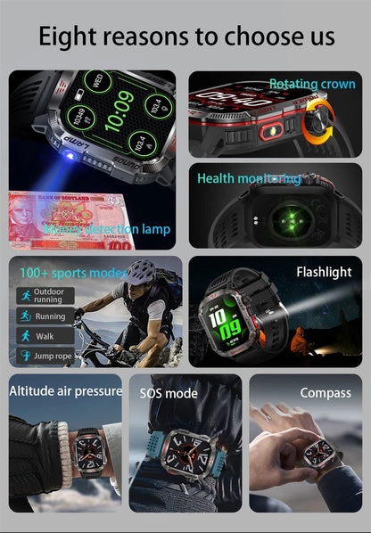 Military-style GPS smartwatch with flashlight, compass, and Bluetooth call – waterproof and outdoor-ready