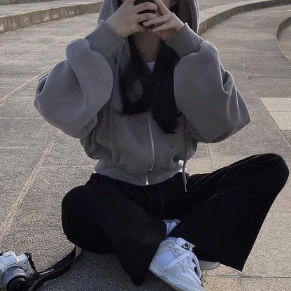 Korean Hoodies Autumn and Winter 2024 New Ins Plus Velvet 100 Fashion Short Slim Zipper Warm Solid Color Hoodie Woman