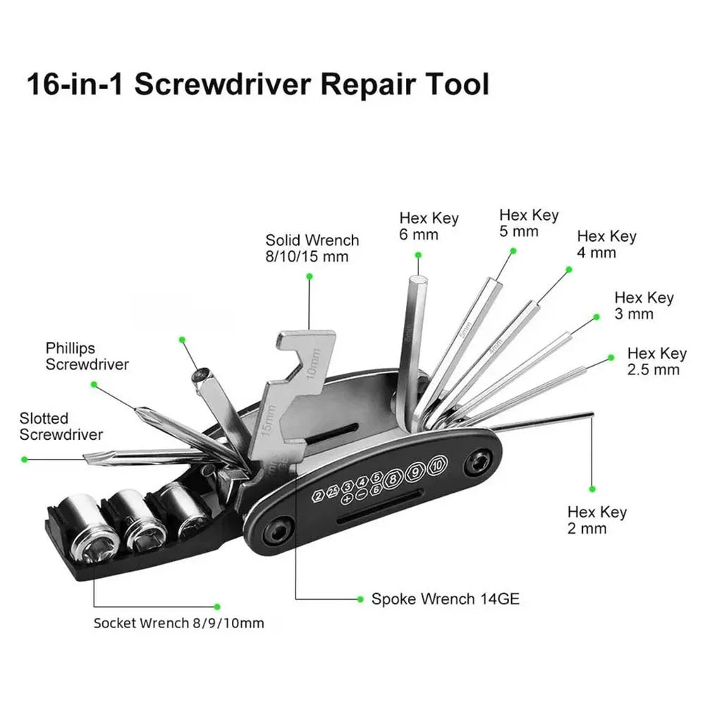 16-in-1 portable bike repair tool with wrench and screwdriver set