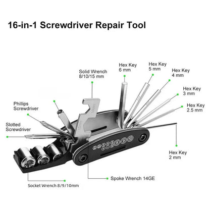 16-in-1 portable bike repair tool with wrench and screwdriver set