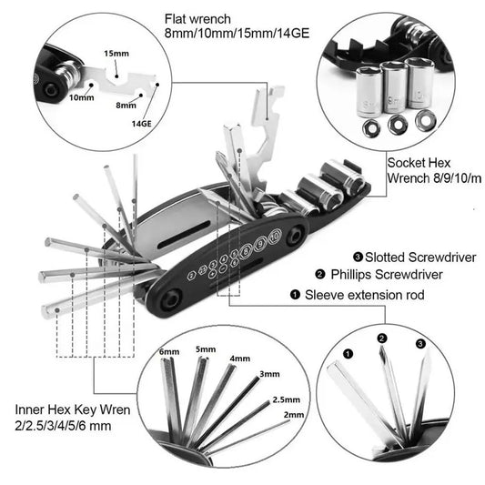 16-in-1 portable bike repair tool with wrench and screwdriver set