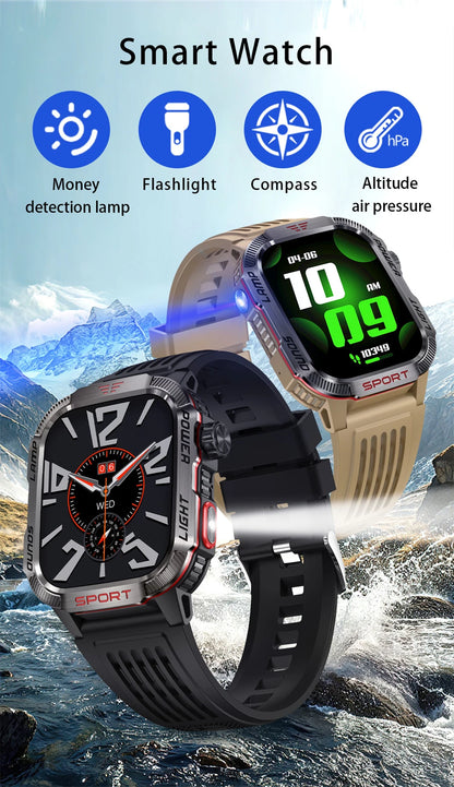 Military-style GPS smartwatch with flashlight, compass, and Bluetooth call – waterproof and outdoor-ready