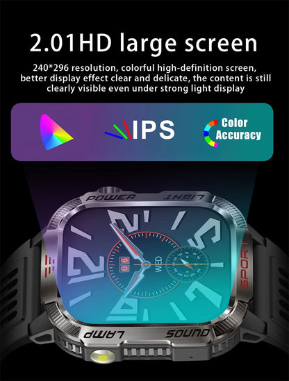 Military-style GPS smartwatch with flashlight, compass, and Bluetooth call – waterproof and outdoor-ready