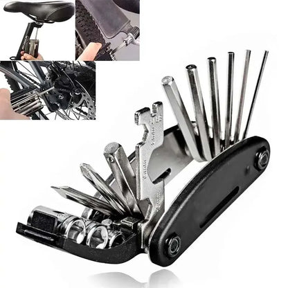 16-in-1 portable bike repair tool with wrench and screwdriver set