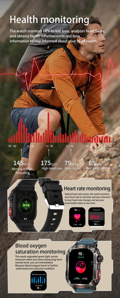 Military-style GPS smartwatch with flashlight, compass, and Bluetooth call – waterproof and outdoor-ready