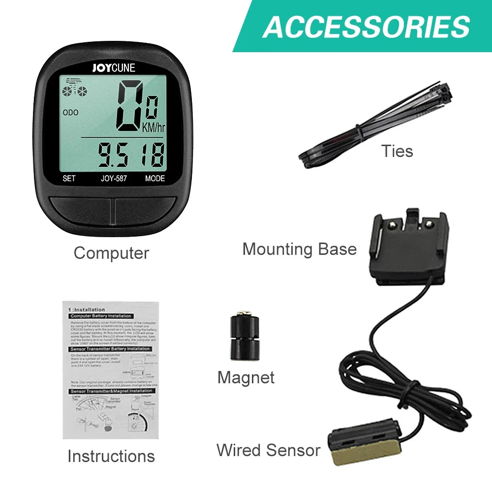 Waterproof wired bike computer with speedometer, odometer, and LED display