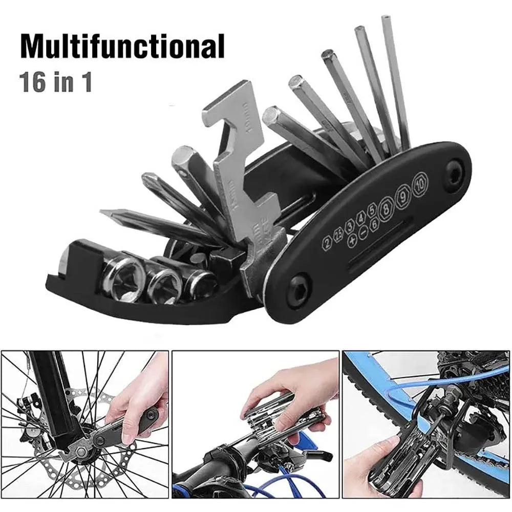 16-in-1 portable bike repair tool with wrench and screwdriver set