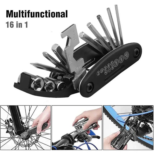 16-in-1 portable bike repair tool with wrench and screwdriver set