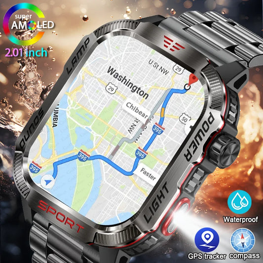 Military-style GPS smartwatch with flashlight, compass, and Bluetooth call – waterproof and outdoor-ready