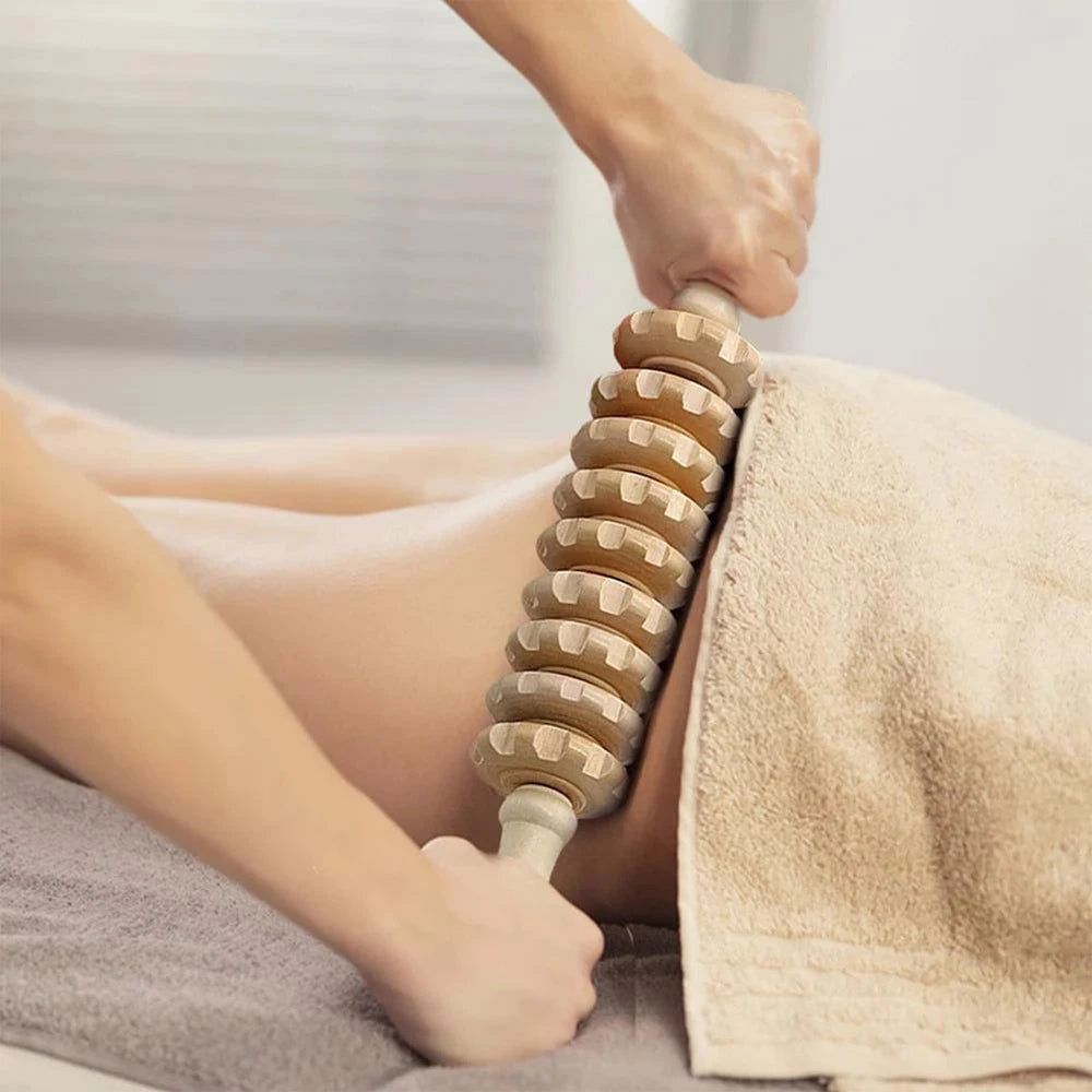 Wooden massage roller for trigger point and cellulite relief